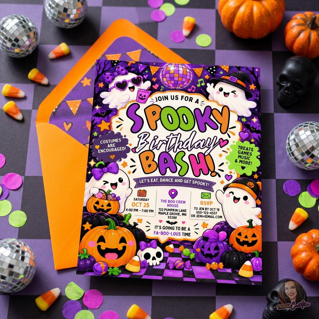 Spooky Birthday Bash Invitation Template, Editable Canva Kids Halloween Birthday Party Invite, Cute Ghost Pumpkin Invitation, Printable 5x7