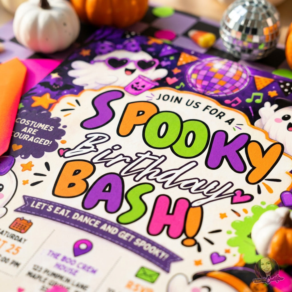Spooky Birthday Bash Invitation Template, Editable Canva Kids Halloween Birthday Party Invite, Cute Ghost Pumpkin Invitation, Printable 5x7