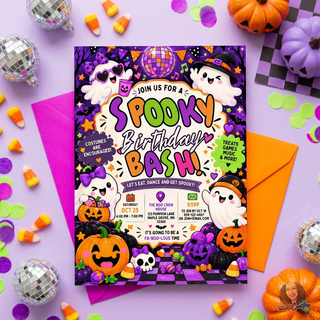 Spooky Birthday Bash Invitation Template, Editable Canva Kids Halloween Birthday Party Invite, Cute Ghost Pumpkin Invitation, Printable 5x7