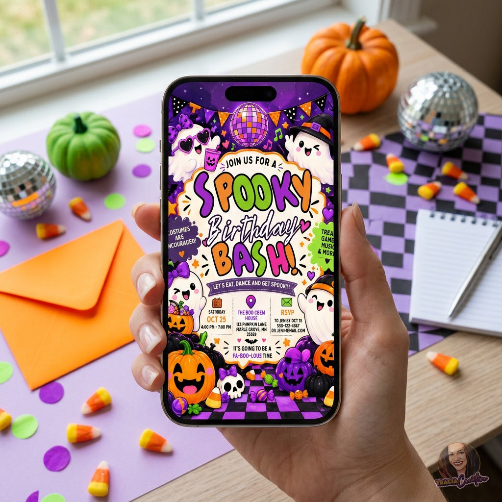 Spooky Birthday Bash Invitation Template, Editable Canva Kids Halloween Birthday Party Invite, Cute Ghost Pumpkin Invitation, Printable 5x7