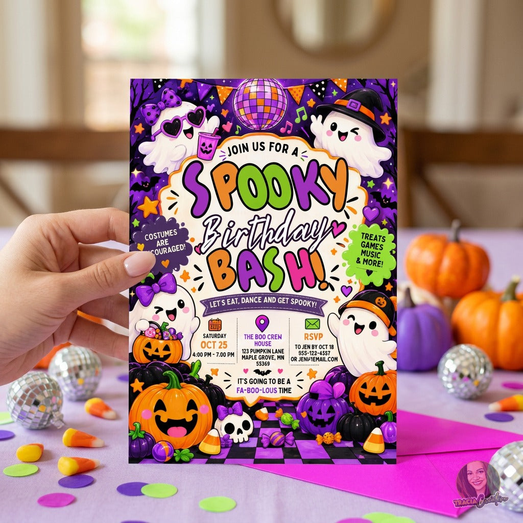 Spooky Birthday Bash Invitation Template, Editable Canva Kids Halloween Birthday Party Invite, Cute Ghost Pumpkin Invitation, Printable 5x7