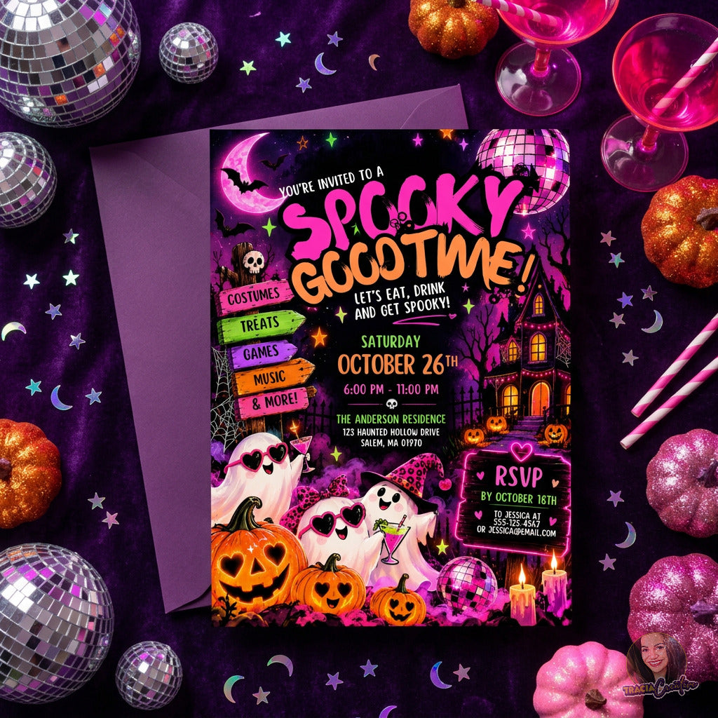 Spooky Good Time Halloween invitation on a purple envelope surrounded by disco balls