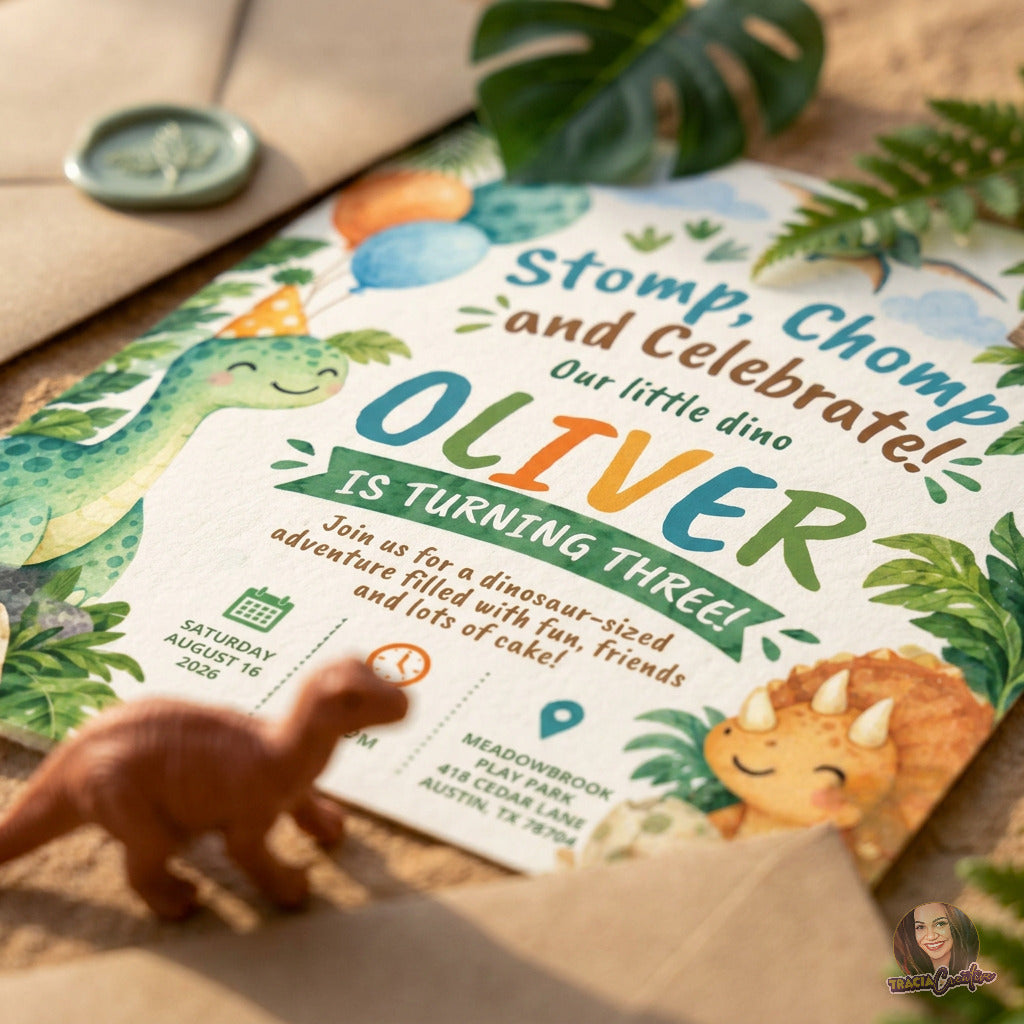 Stomp & Chomp Dinosaur Birthday Invitation Template, Prehistoric Kids’ Party Invite, Editable Canva Template, Printable 5x7 Invitation