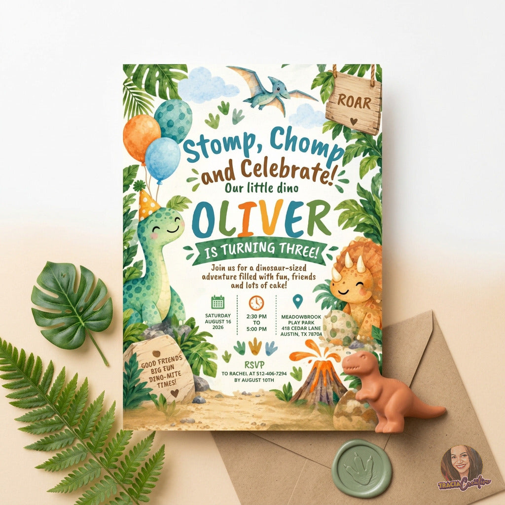 Stomp & Chomp Dinosaur Birthday Invitation Template, Prehistoric Kids’ Party Invite, Editable Canva Template, Printable 5x7 Invitation