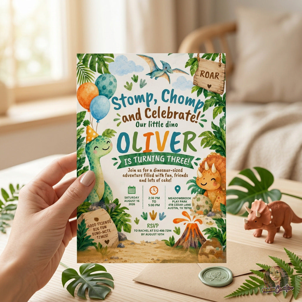 Stomp & Chomp Dinosaur Birthday Invitation Template, Prehistoric Kids’ Party Invite, Editable Canva Template, Printable 5x7 Invitation