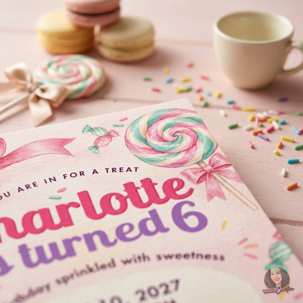Close-up of the Sweet Six invitation showing pink and purple lettering and a swirled lollipop.