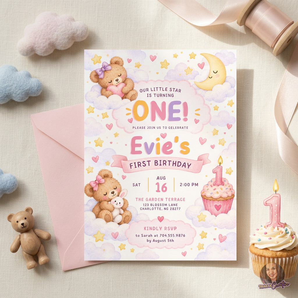 Teddy Bear First Birthday Invitation & Milestone Board Bundle, Editable Canva Girl Birthday Templates