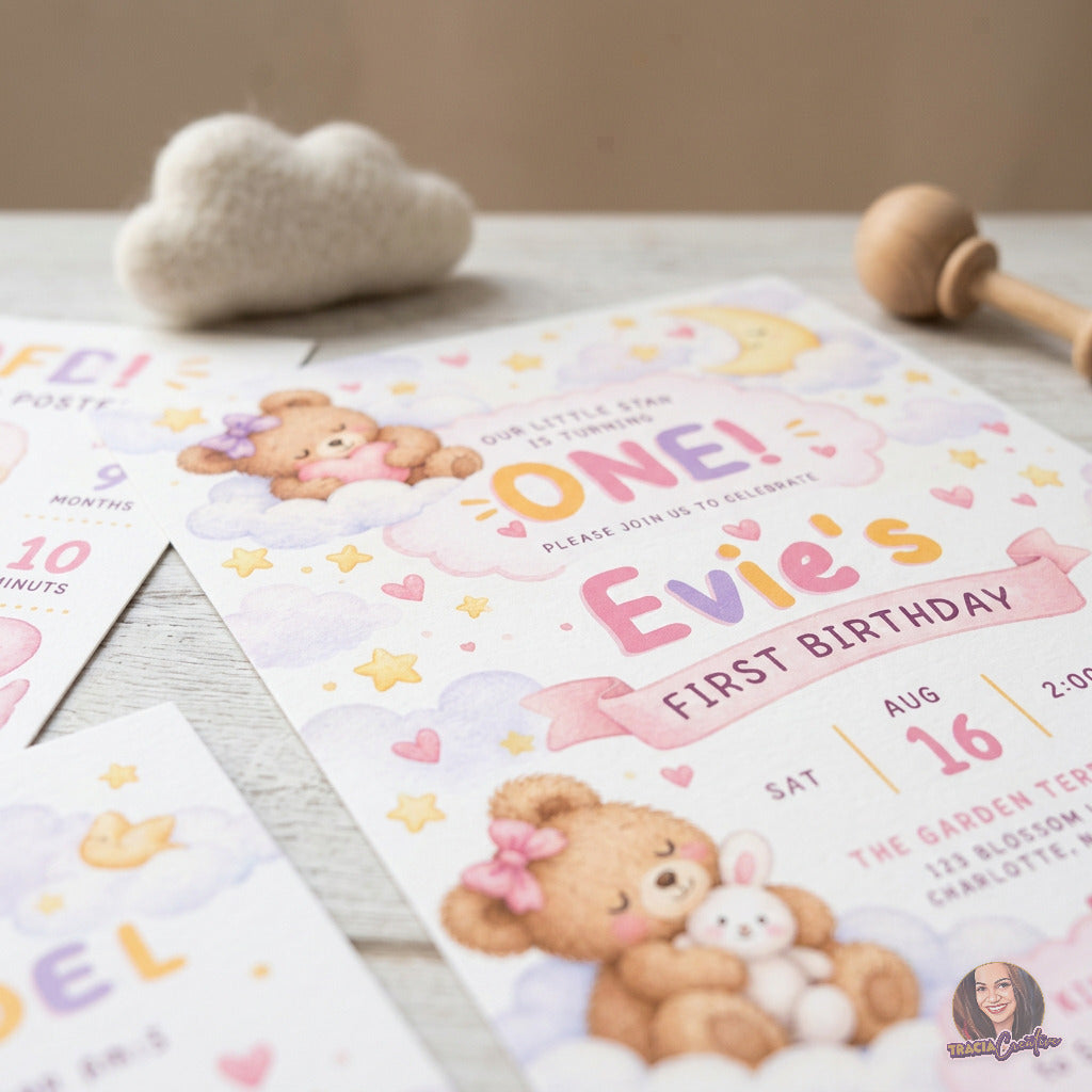 Teddy Bear First Birthday Invitation & Milestone Board Bundle, Editable Canva Girl Birthday Templates