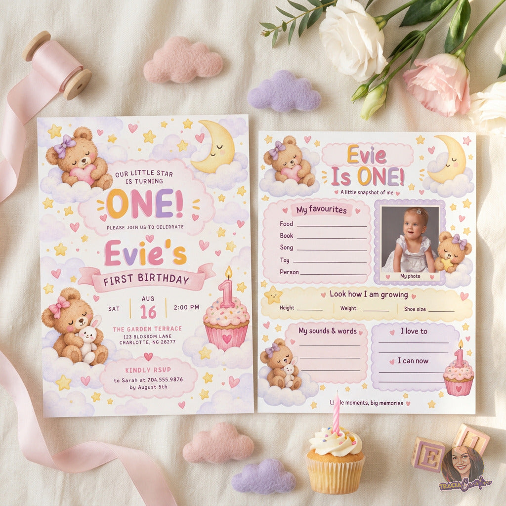 Teddy Bear First Birthday Invitation & Milestone Board Bundle, Editable Canva Girl Birthday Templates
