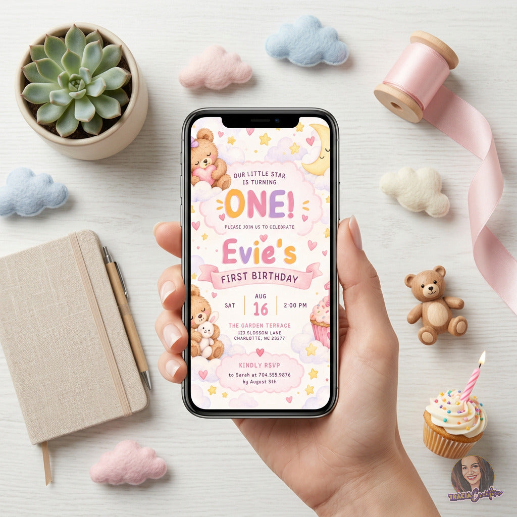 Teddy Bear First Birthday Invitation & Milestone Board Bundle, Editable Canva Girl Birthday Templates