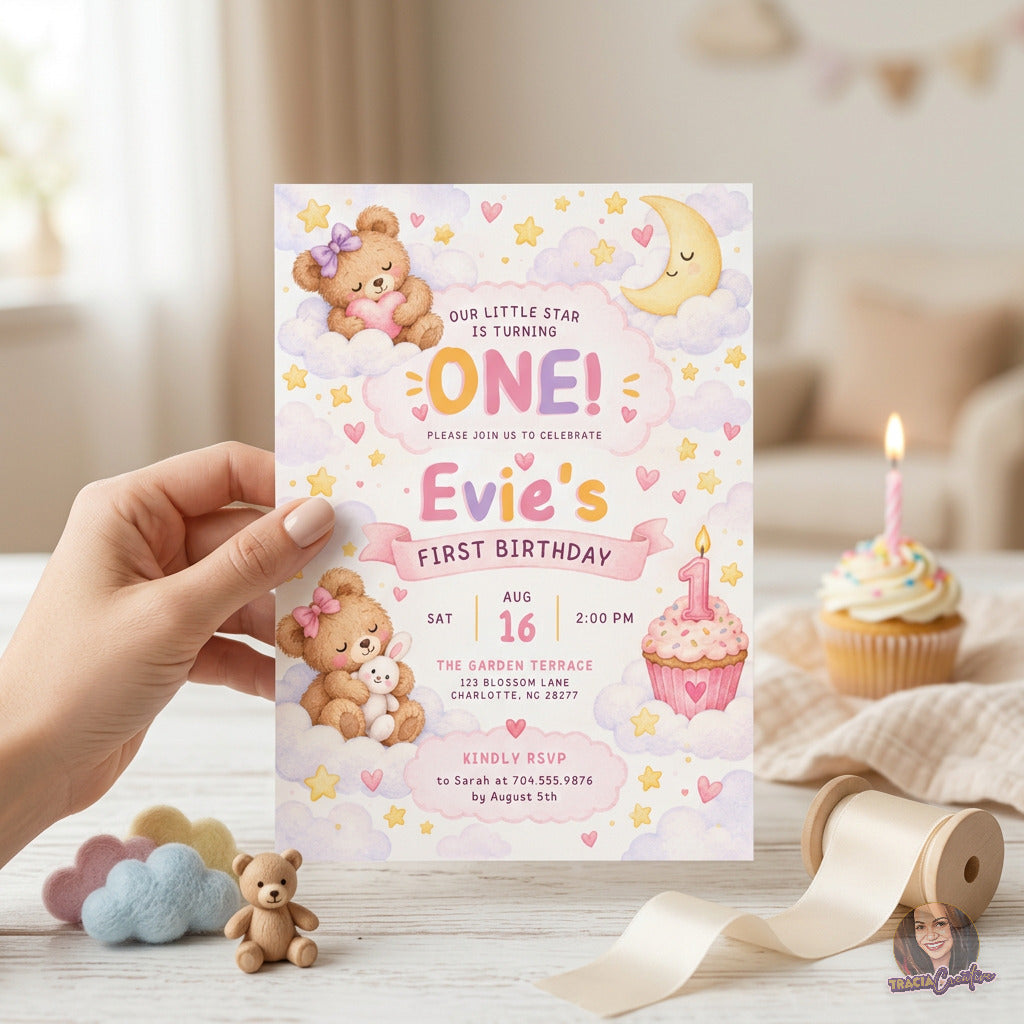 Teddy Bear First Birthday Invitation & Milestone Board Bundle, Editable Canva Girl Birthday Templates