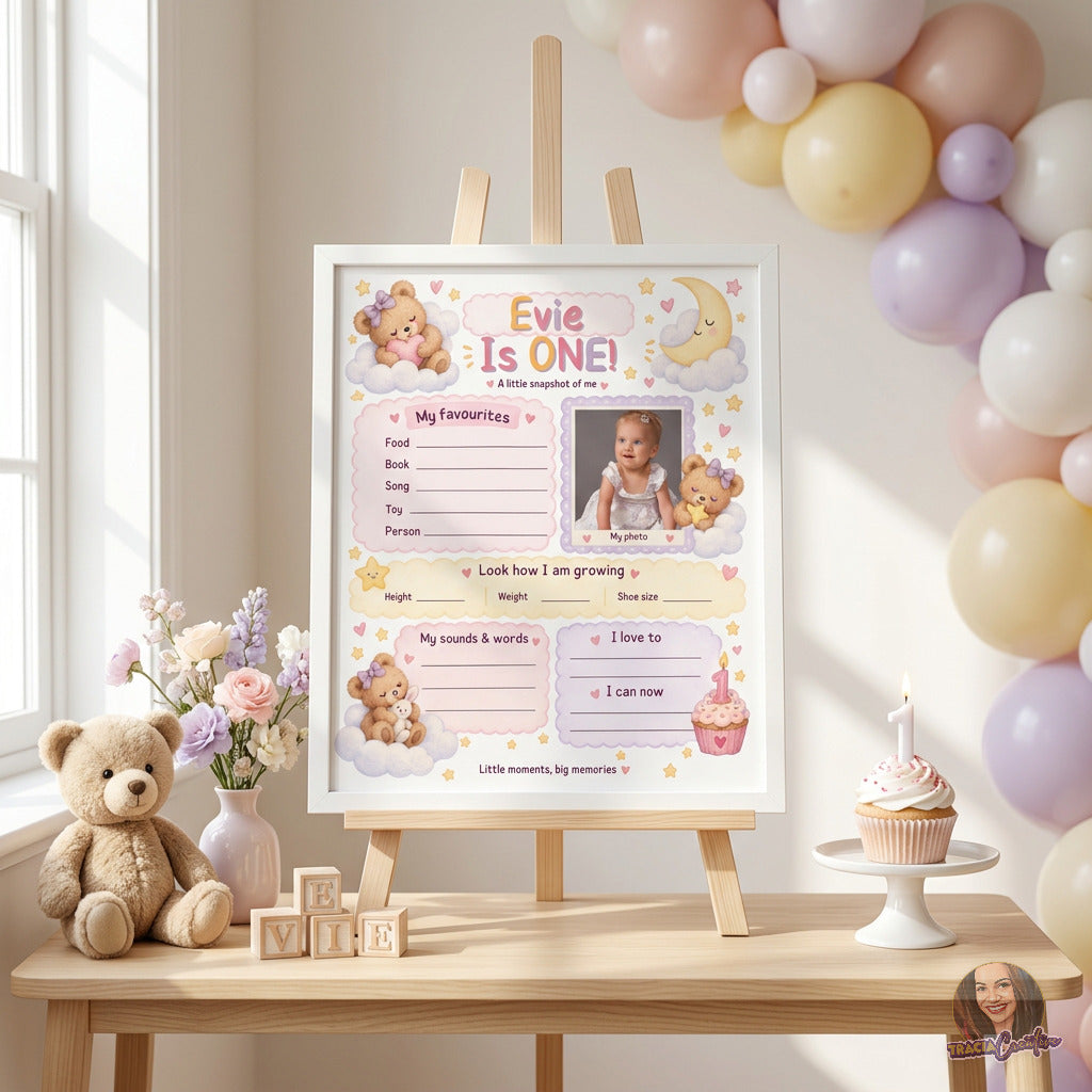 Teddy Bear First Birthday Milestone Poster Template, Editable Canva One Year Old Milestone Board