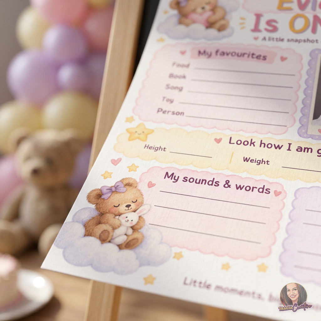 Teddy Bear First Birthday Milestone Poster Template, Editable Canva One Year Old Milestone Board