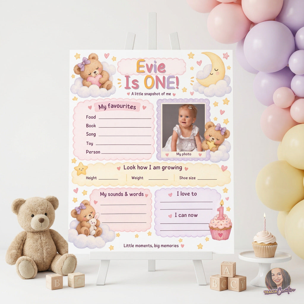 Teddy Bear First Birthday Milestone Poster Template, Editable Canva One Year Old Milestone Board