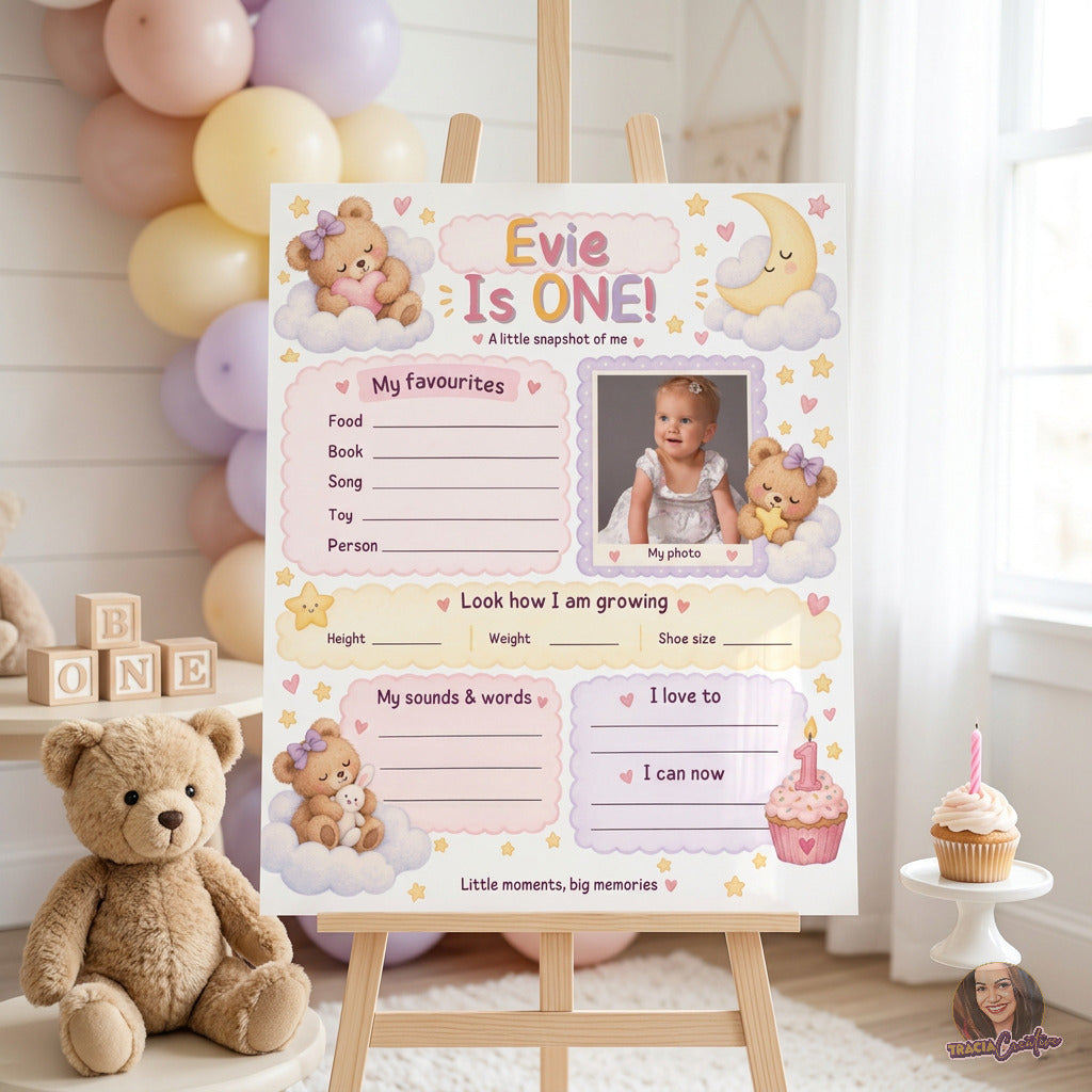 Teddy Bear First Birthday Milestone Poster Template, Editable Canva One Year Old Milestone Board