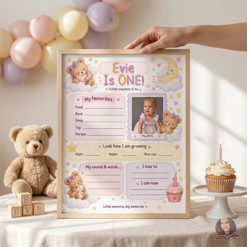 Teddy Bear First Birthday Milestone Poster Template, Editable Canva One Year Old Milestone Board