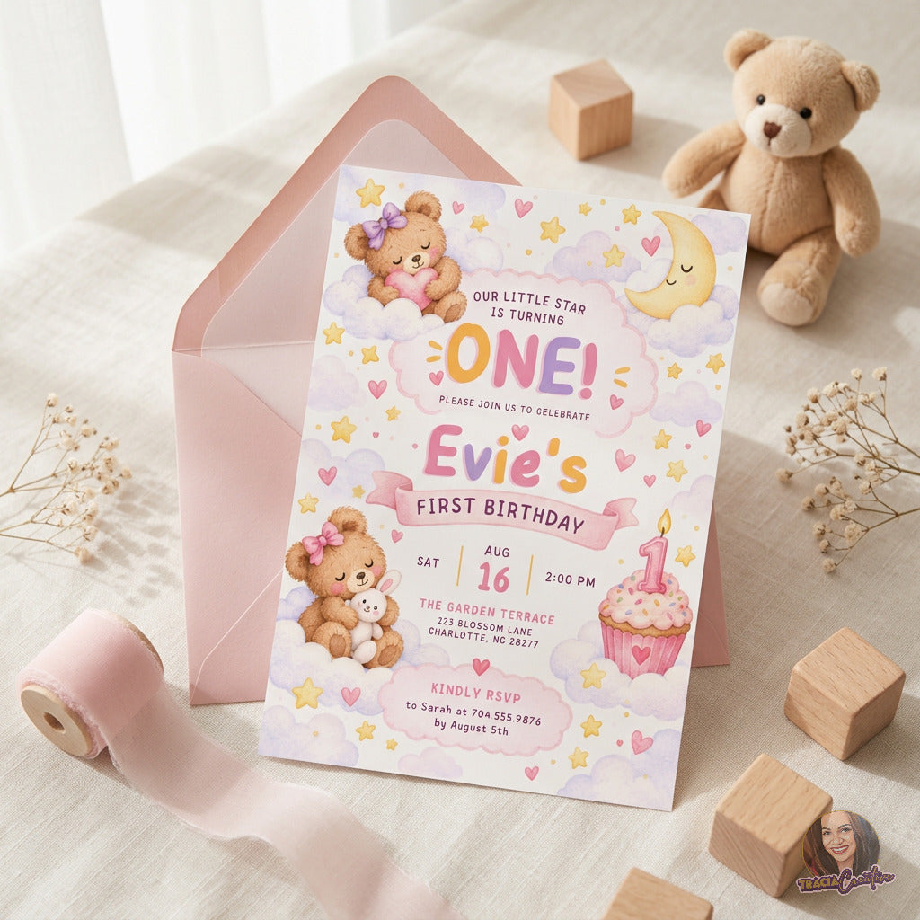 Teddy Bear First Birthday Invitation Template, Pastel Editable Canva Girl Birthday Invite, 5x7