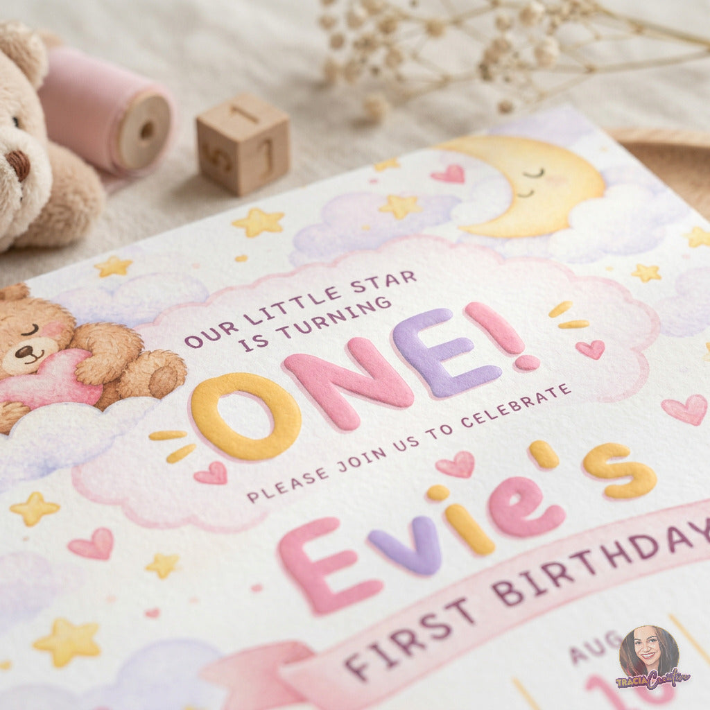 Teddy Bear First Birthday Invitation Template, Pastel Editable Canva Girl Birthday Invite, 5x7