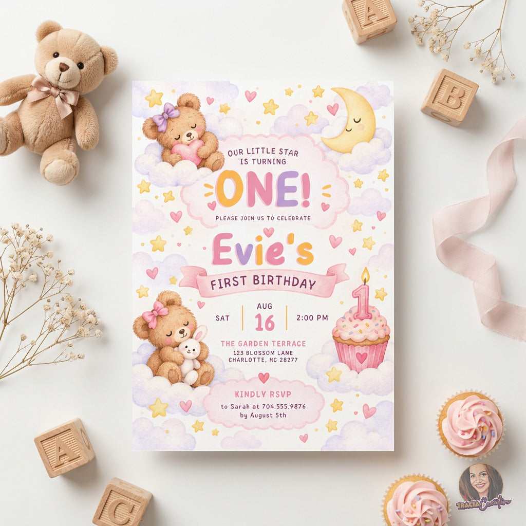 Teddy Bear First Birthday Invitation Template, Pastel Editable Canva Girl Birthday Invite, 5x7