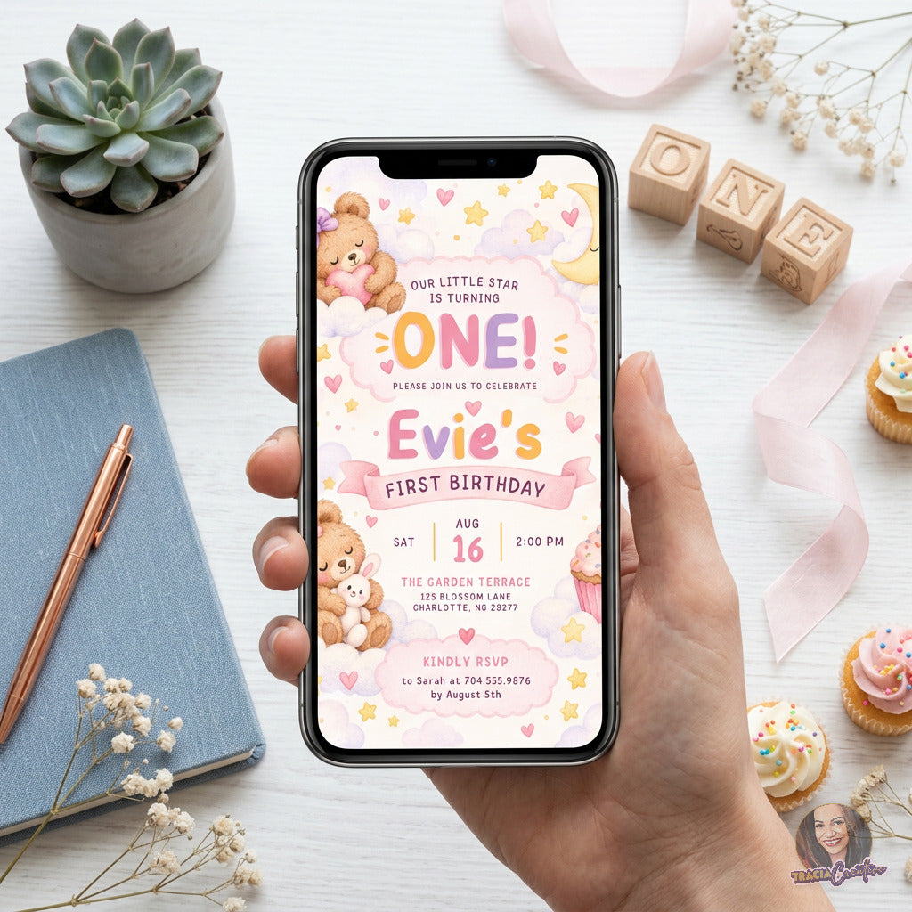 Teddy Bear First Birthday Invitation Template, Pastel Editable Canva Girl Birthday Invite, 5x7