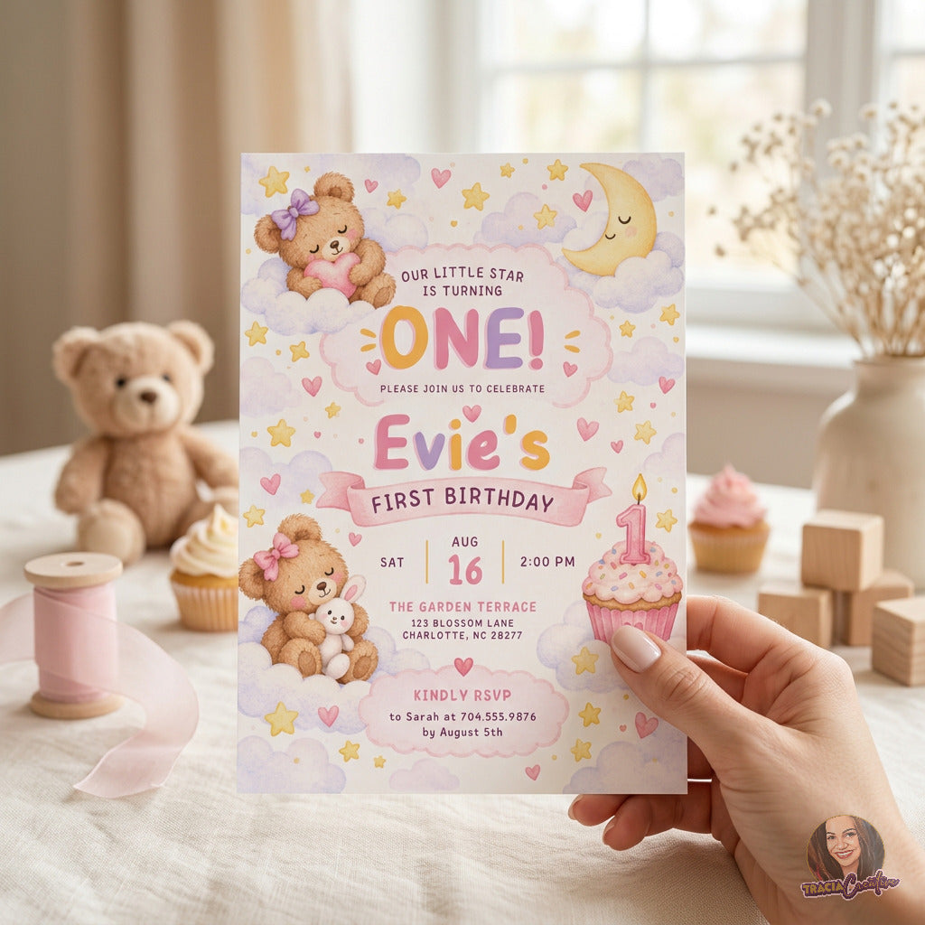 Teddy Bear First Birthday Invitation Template, Pastel Editable Canva Girl Birthday Invite, 5x7