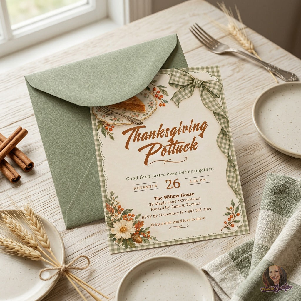 Thanksgiving Potluck Invitation Template, Editable Canva Friendsgiving Dinner Invite, Rustic Fall Gingham Pumpkin Pie, Printable 5x7