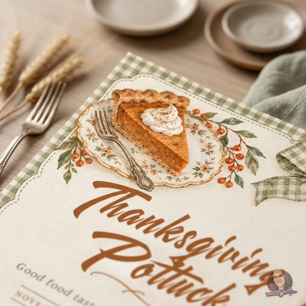 Thanksgiving Potluck Invitation Template, Editable Canva Friendsgiving Dinner Invite, Rustic Fall Gingham Pumpkin Pie, Printable 5x7