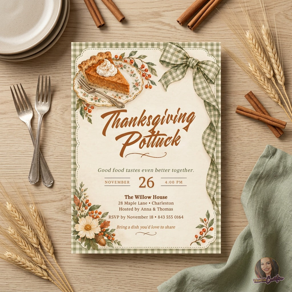 Thanksgiving Potluck Invitation Template, Editable Canva Friendsgiving Dinner Invite, Rustic Fall Gingham Pumpkin Pie, Printable 5x7