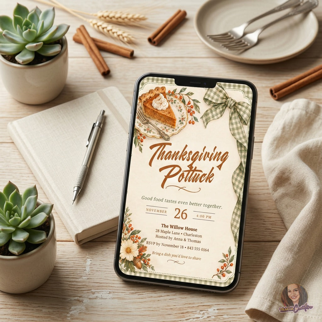 Thanksgiving Potluck Invitation Template, Editable Canva Friendsgiving Dinner Invite, Rustic Fall Gingham Pumpkin Pie, Printable 5x7
