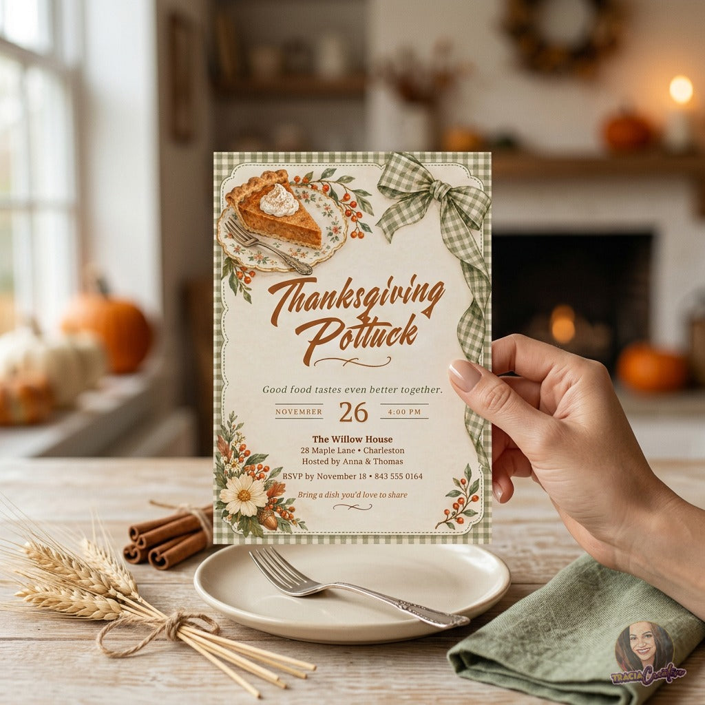 Thanksgiving Potluck Invitation Template, Editable Canva Friendsgiving Dinner Invite, Rustic Fall Gingham Pumpkin Pie, Printable 5x7