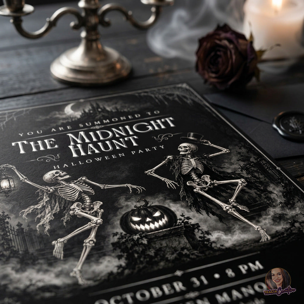 Angled close-up of the Midnight Haunt invitation with dancing skeletons and a jack-o'-lantern.