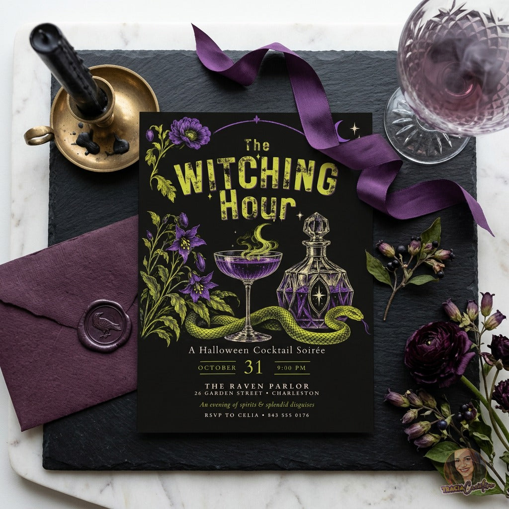 The Witching Hour Halloween Cocktail Party Invitation Template, Editable Canva Invite, Gothic Witchy Soirée, Purple and Lime Green, 5x7