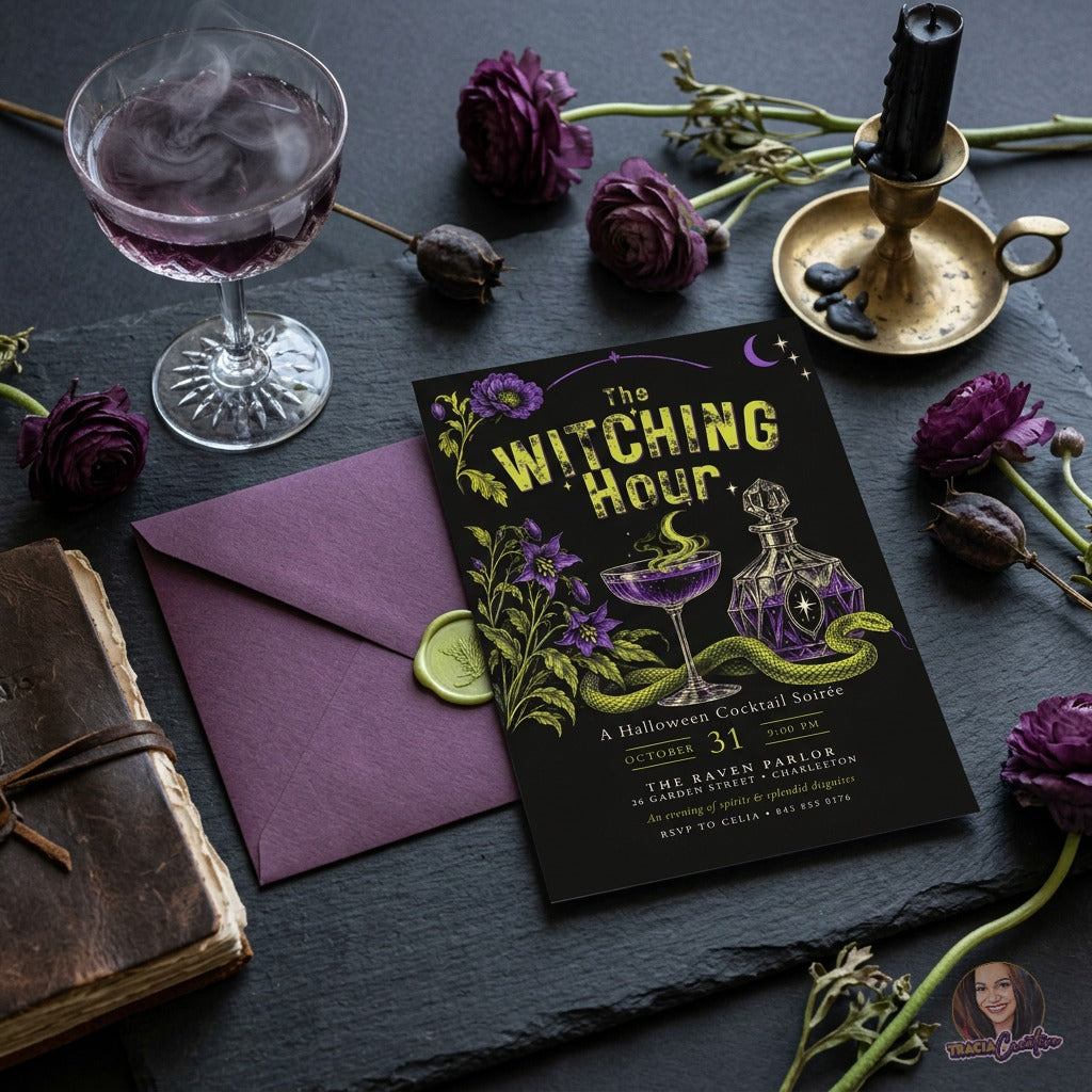 The Witching Hour Halloween Cocktail Party Invitation Template, Editable Canva Invite, Gothic Witchy Soirée, Purple and Lime Green, 5x7
