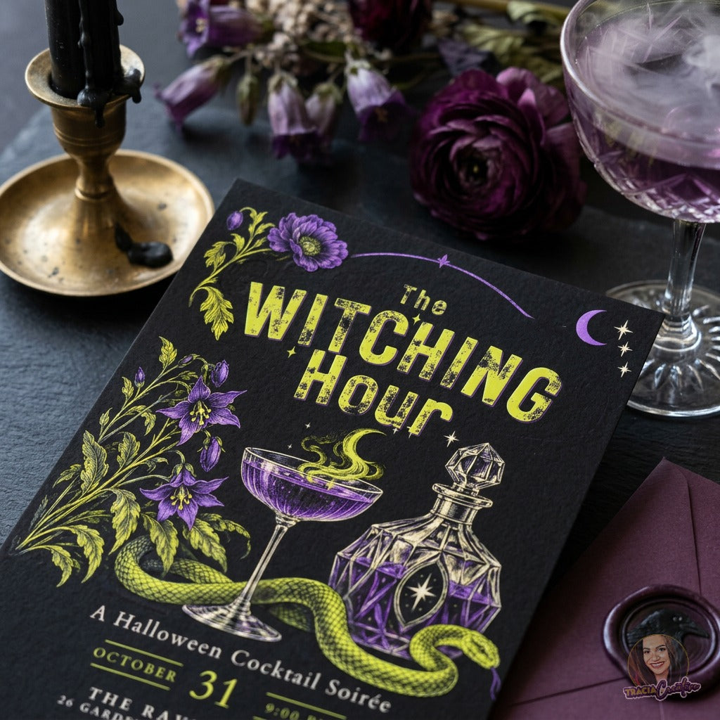 The Witching Hour Halloween Cocktail Party Invitation Template, Editable Canva Invite, Gothic Witchy Soirée, Purple and Lime Green, 5x7