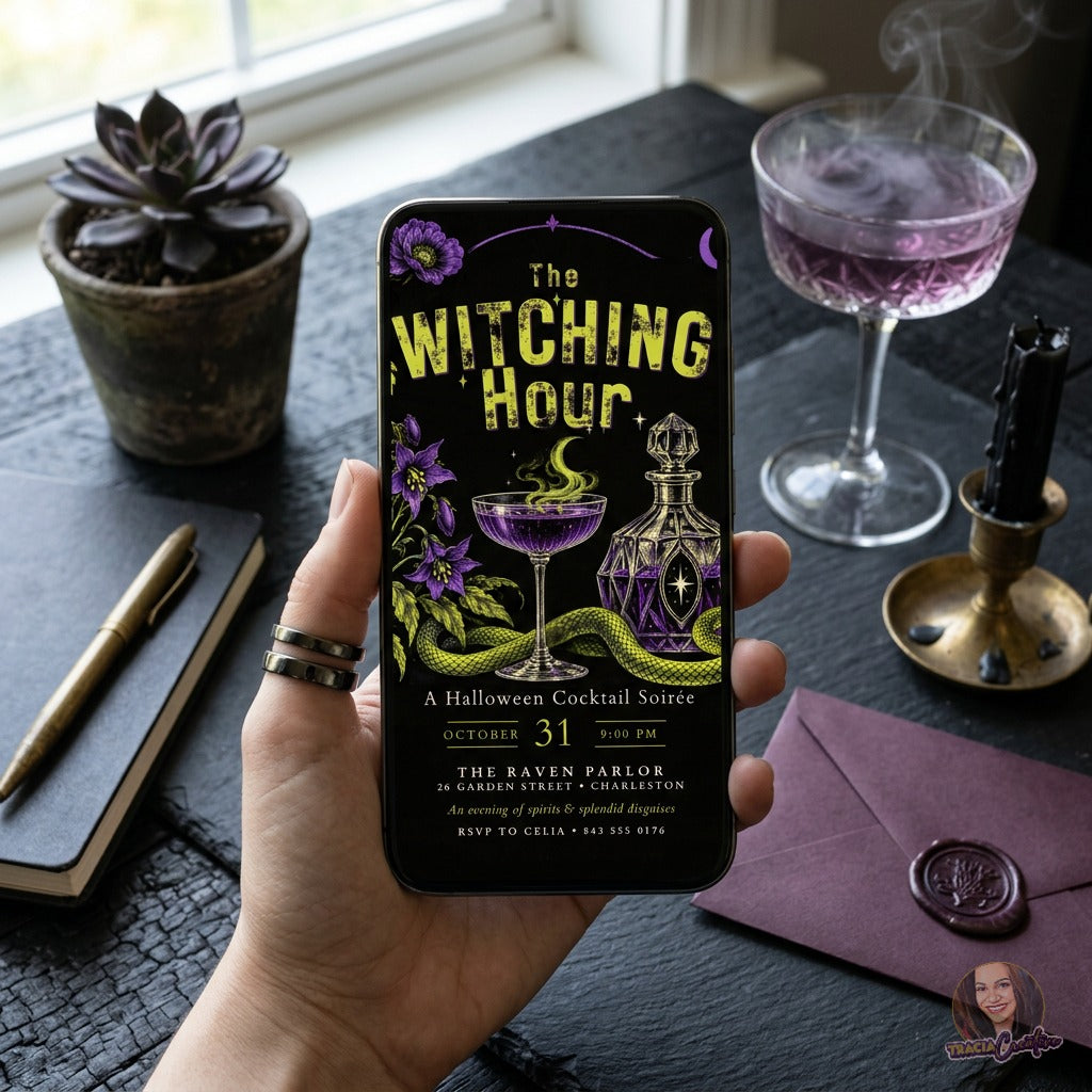 The Witching Hour Halloween Cocktail Party Invitation Template, Editable Canva Invite, Gothic Witchy Soirée, Purple and Lime Green, 5x7