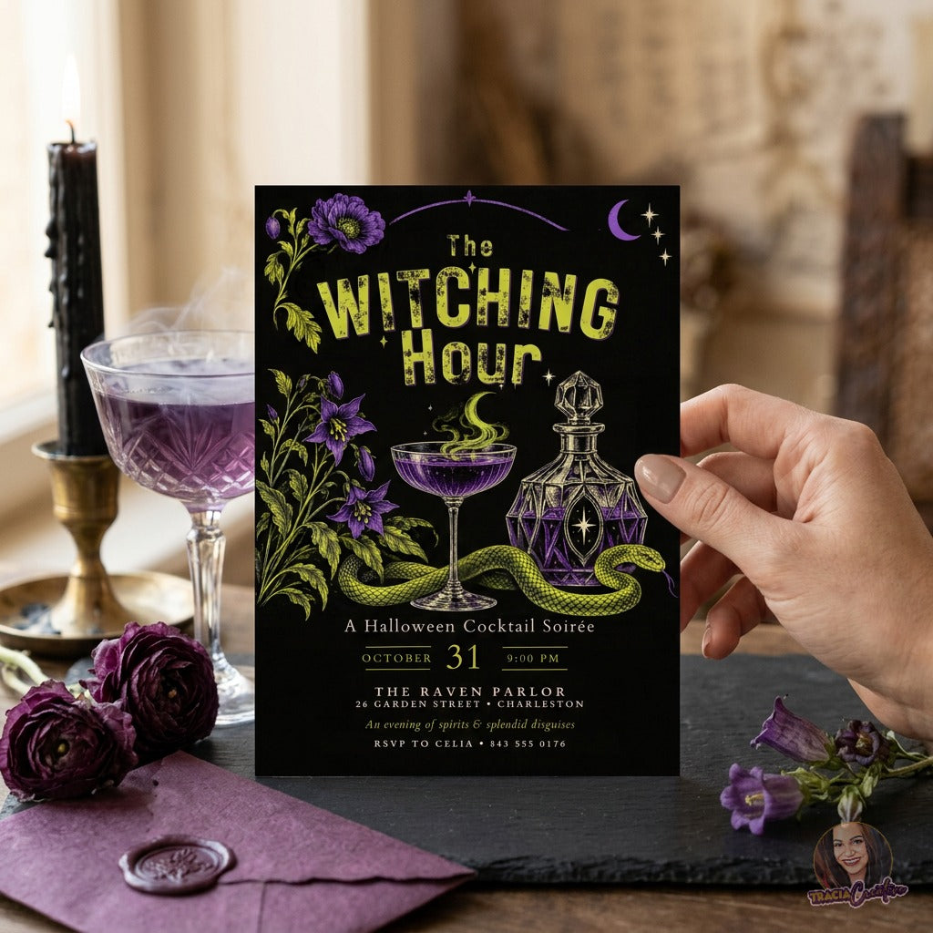 The Witching Hour Halloween Cocktail Party Invitation Template, Editable Canva Invite, Gothic Witchy Soirée, Purple and Lime Green, 5x7