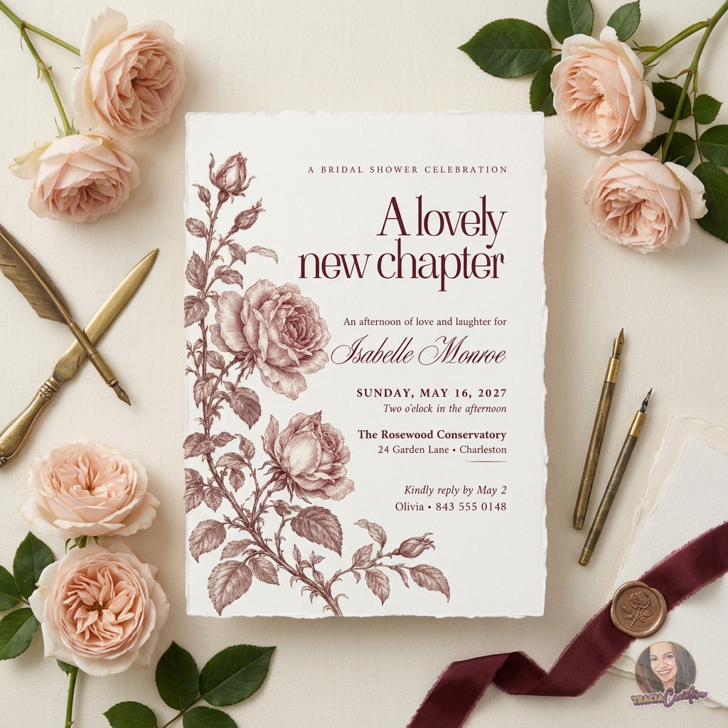 Vintage Rose Bridal Shower Invitation Template, Editable Canva Burgundy Floral Bridal Shower Invite, Elegant Romantic Wedding Shower Invitation, Printable 5x7