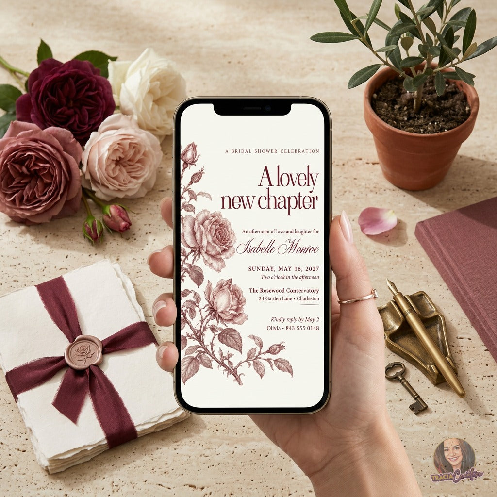 Vintage Rose Bridal Shower Invitation Template, Editable Canva Burgundy Floral Bridal Shower Invite, Elegant Romantic Wedding Shower Invitation, Printable 5x7