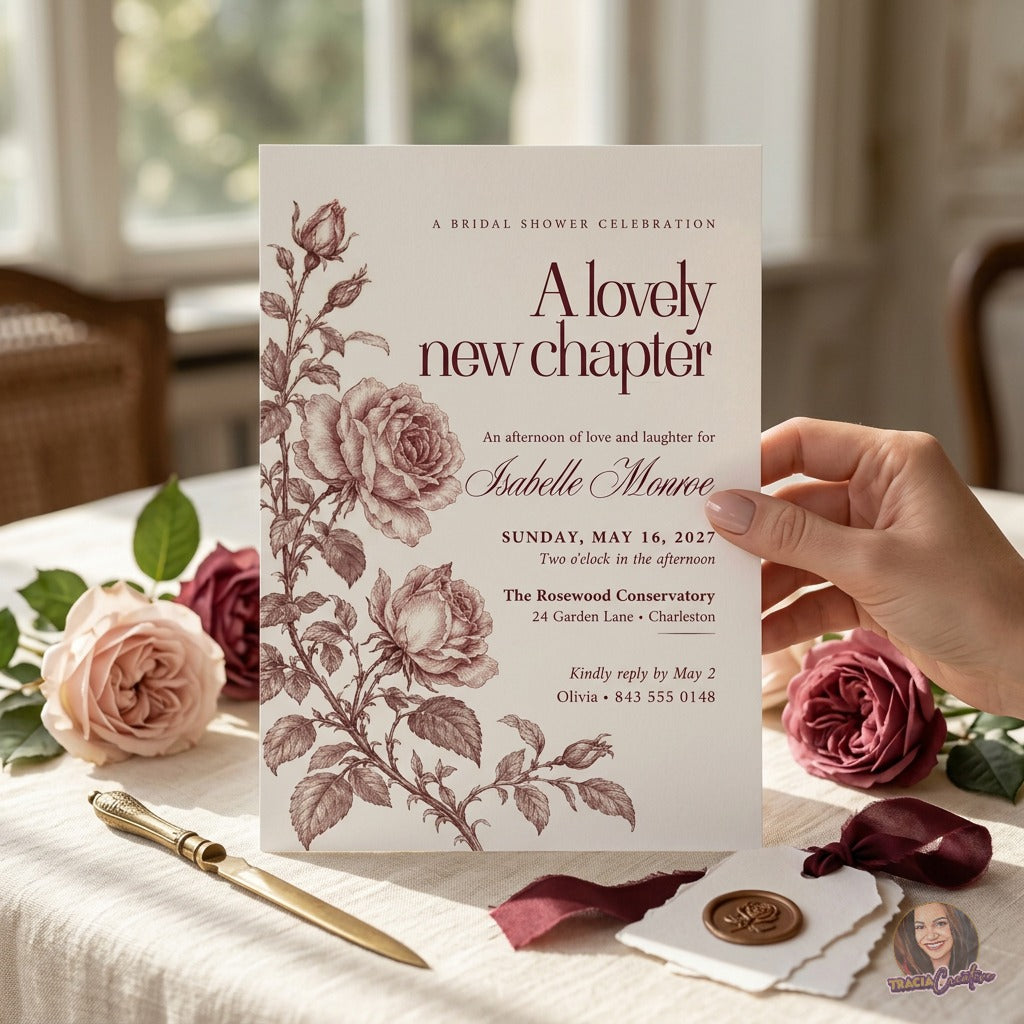 Vintage Rose Bridal Shower Invitation Template, Editable Canva Burgundy Floral Bridal Shower Invite, Elegant Romantic Wedding Shower Invitation, Printable 5x7