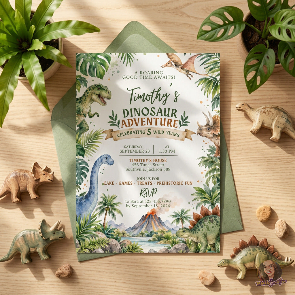 Watercolor Dinosaur Birthday Invitation Template, Prehistoric Kids’ Party Invite, Editable Canva Template, Printable 5x7 Invitation