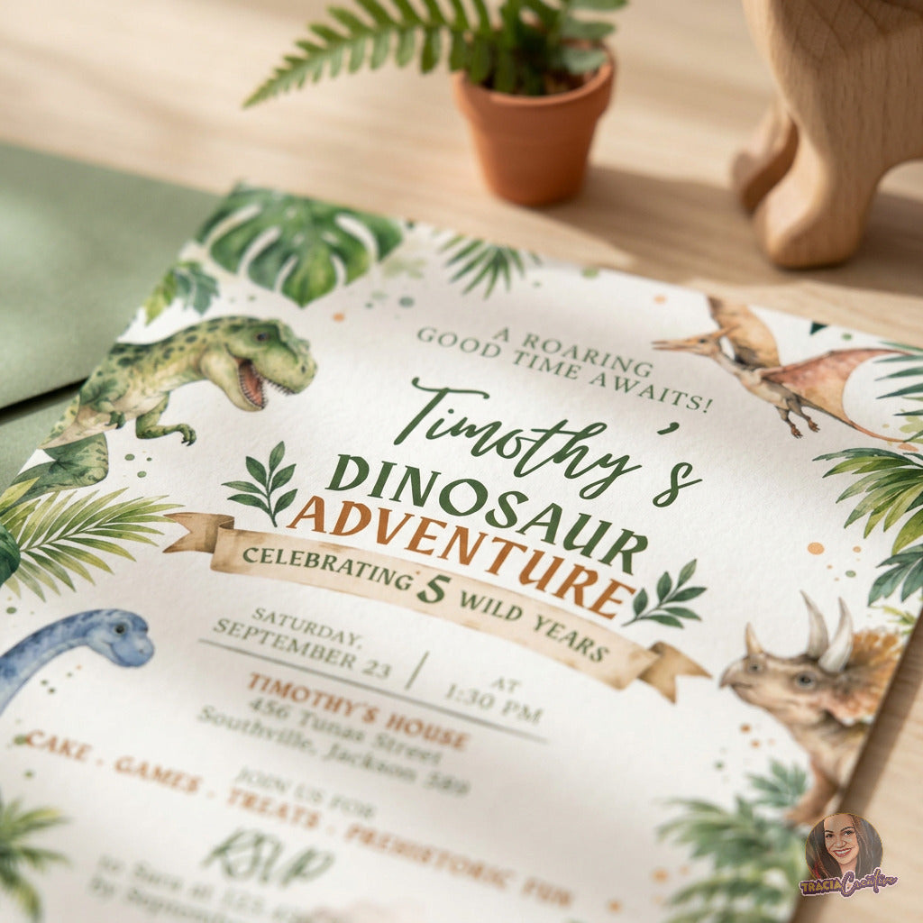 Watercolor Dinosaur Birthday Invitation Template, Prehistoric Kids’ Party Invite, Editable Canva Template, Printable 5x7 Invitation