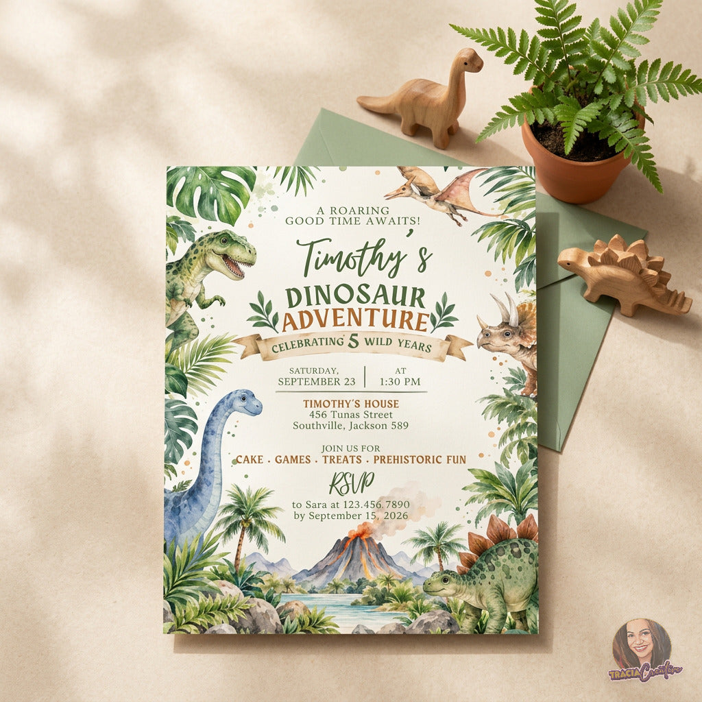 Watercolor Dinosaur Birthday Invitation Template, Prehistoric Kids’ Party Invite, Editable Canva Template, Printable 5x7 Invitation