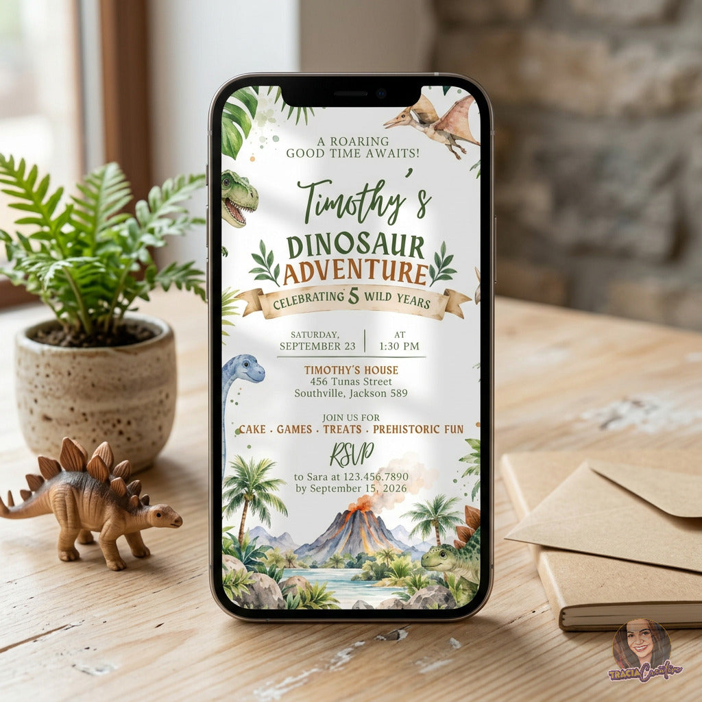Watercolor Dinosaur Birthday Invitation Template, Prehistoric Kids’ Party Invite, Editable Canva Template, Printable 5x7 Invitation