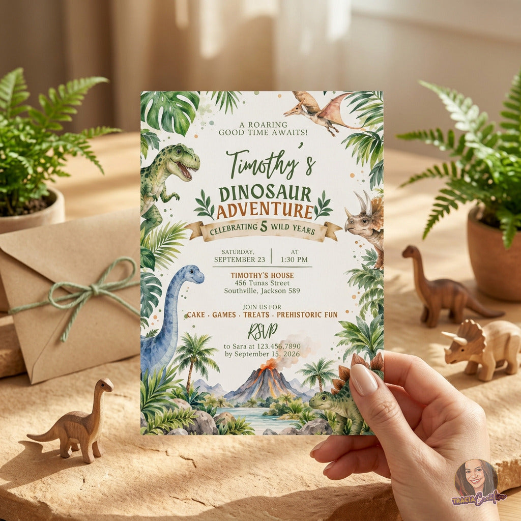 Watercolor Dinosaur Birthday Invitation Template, Prehistoric Kids’ Party Invite, Editable Canva Template, Printable 5x7 Invitation