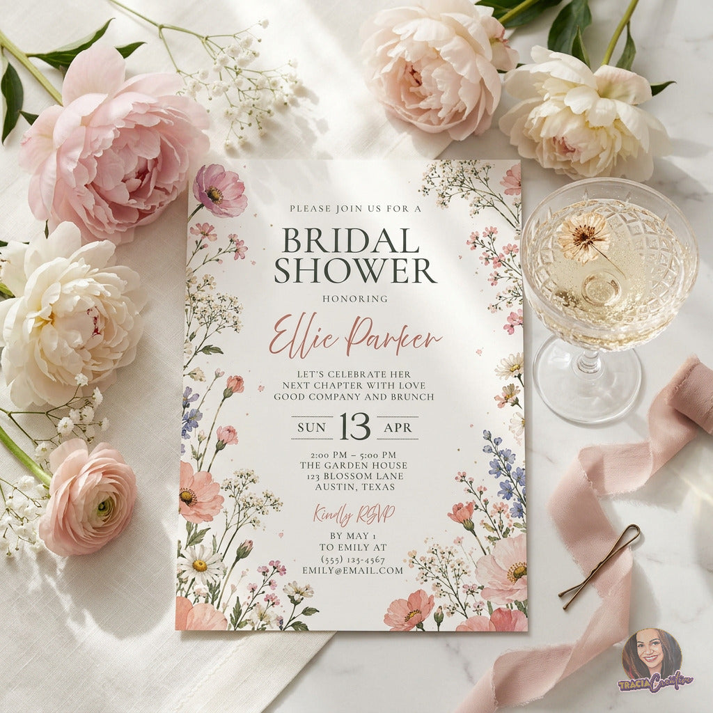 Watercolor Wildflower Bridal Shower Invitation Template, Romantic Floral Wedding Shower Invite, Editable Canva Template, Printable 5x7 Invitation