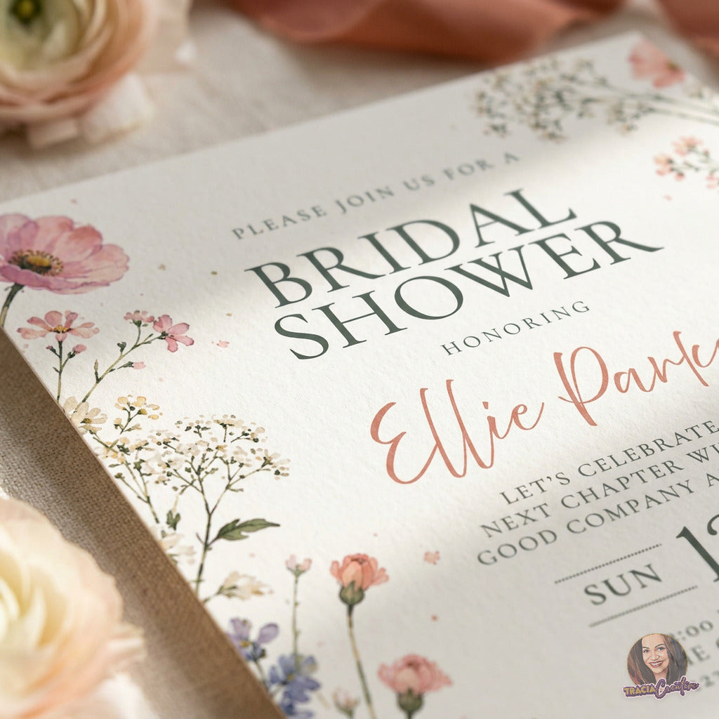 Watercolor Wildflower Bridal Shower Invitation Template, Romantic Floral Wedding Shower Invite, Editable Canva Template, Printable 5x7 Invitation