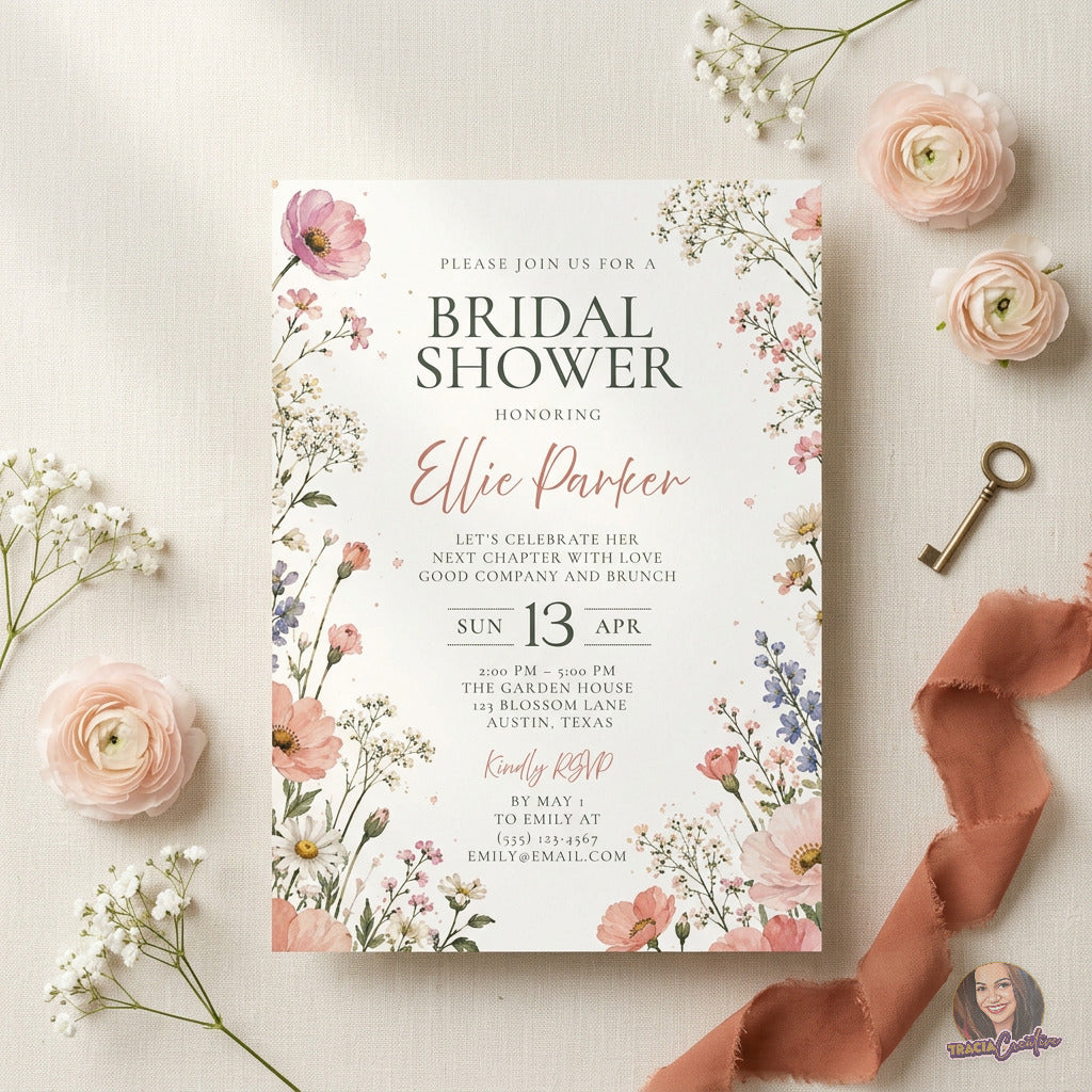 Watercolor Wildflower Bridal Shower Invitation Template, Romantic Floral Wedding Shower Invite, Editable Canva Template, Printable 5x7 Invitation