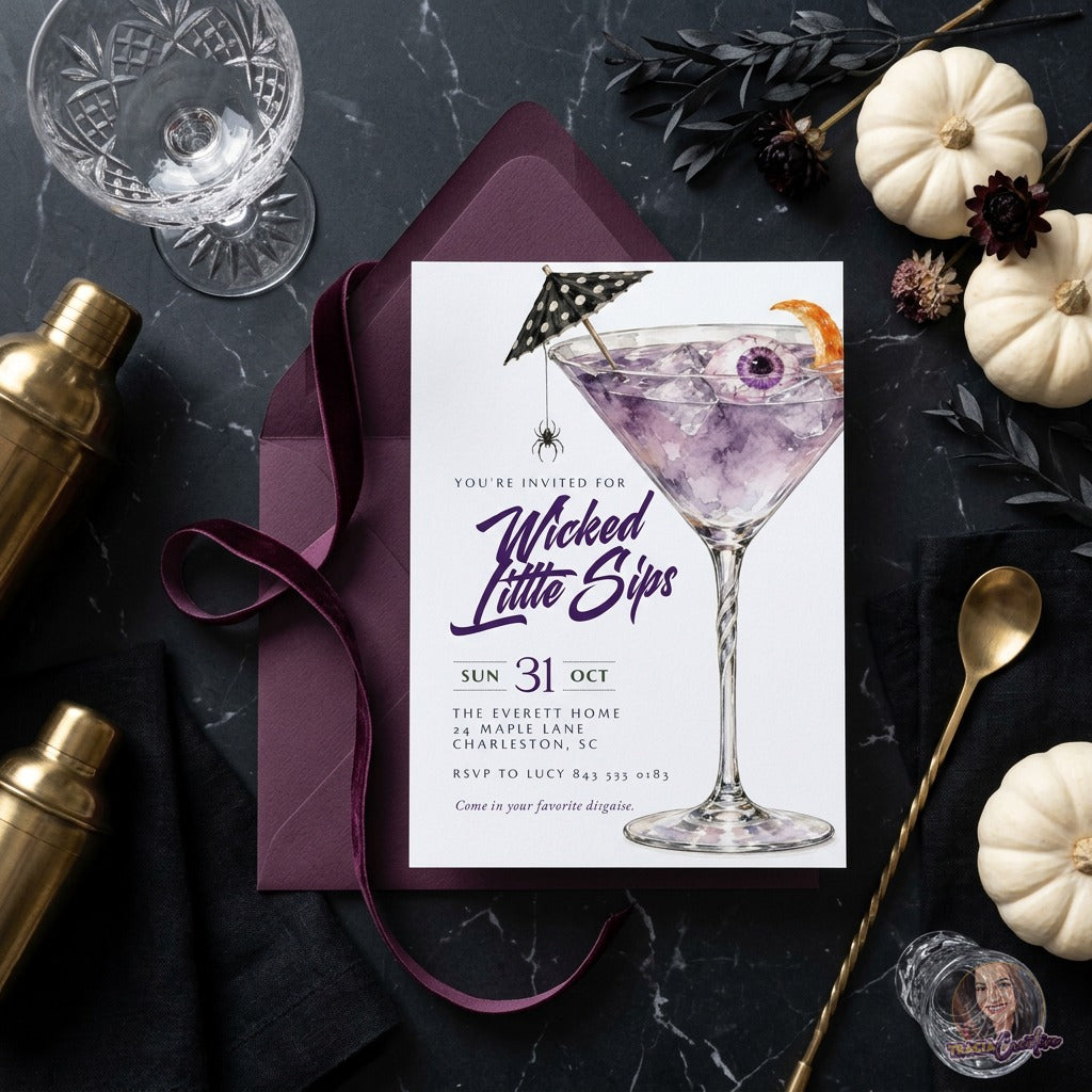 Wicked Little Sips Halloween Cocktail Party Invitation Template, Editable Canva Invite, Purple Martini Eyeball, Adult Halloween Party, 5x7