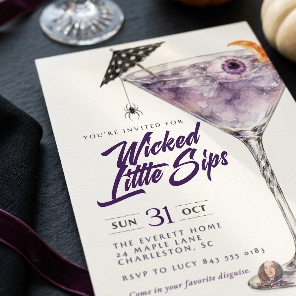 Wicked Little Sips Halloween Cocktail Party Invitation Template, Editable Canva Invite, Purple Martini Eyeball, Adult Halloween Party, 5x7