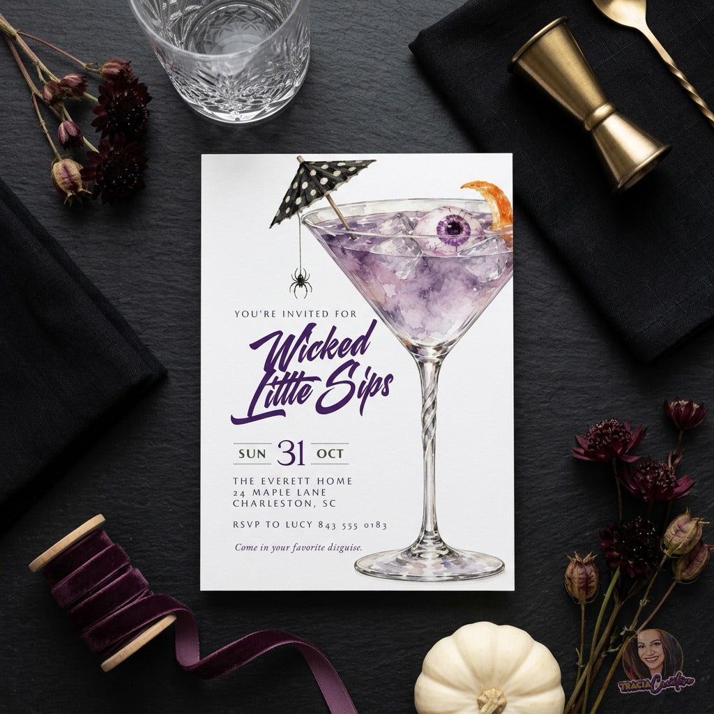 Wicked Little Sips Halloween Cocktail Party Invitation Template, Editable Canva Invite, Purple Martini Eyeball, Adult Halloween Party, 5x7